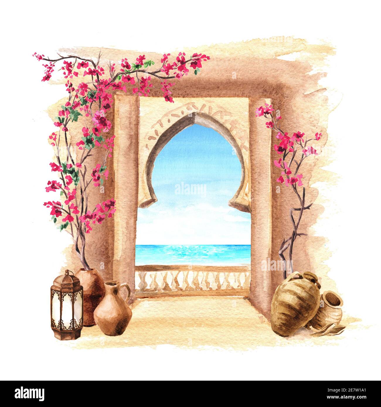 Architettura antica del Mediterraneo, Africa del Nord o Marocco, mare, fiori di bouganville. Illustrazione di acquerello disegnata a mano isolata su bianco b Foto Stock