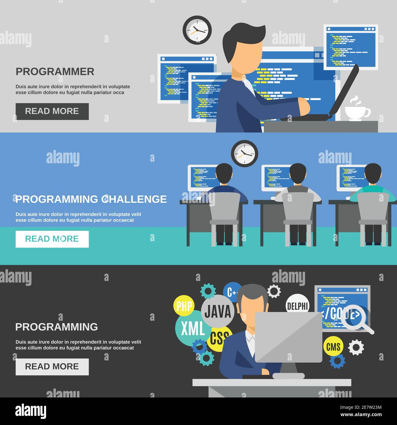 Programmatore Set di banner orizzontali con elementi di programmazione illustrazione vettoriale isolata Illustrazione Vettoriale