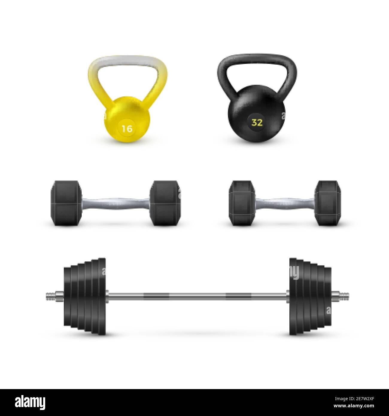Set di manubri barbells e peso. Attrezzature fitness e bodybuilding. Elementi vettoriali isolati su sfondo bianco Illustrazione Vettoriale