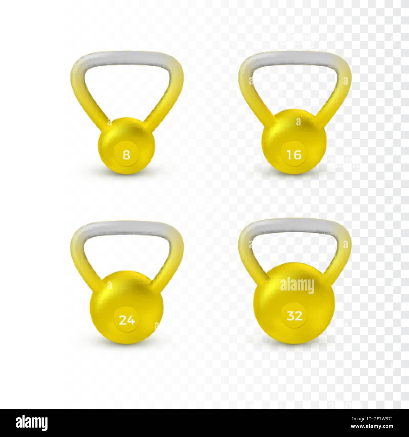 Set di kettlebell realistici. Peso di chilogrammi diversi. Attrezzature per bodybuilding e allenamento. Vettore Illustrazione Vettoriale