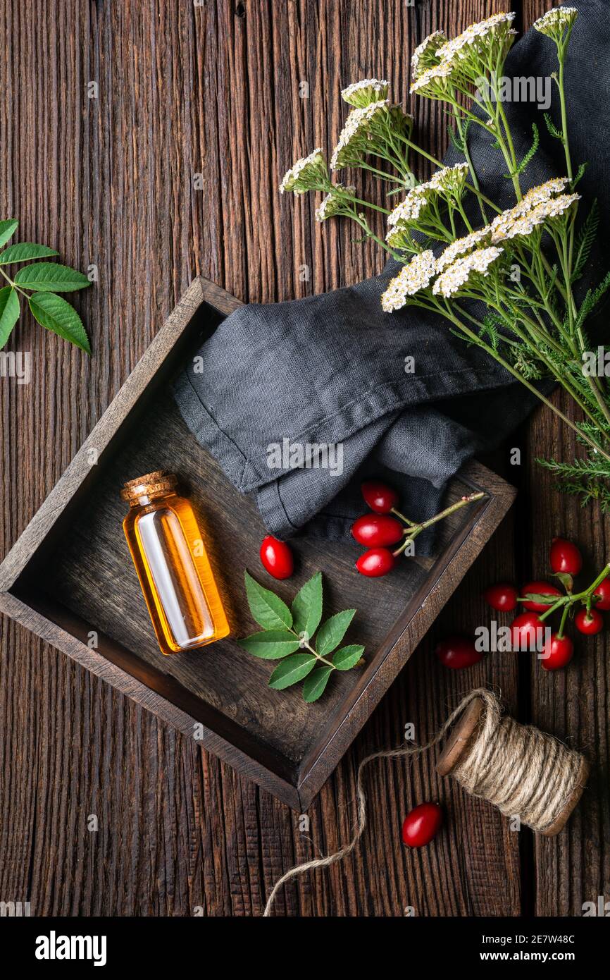 Olio di semi di rosa canina puro in una bottiglia di vetro, rimedio per la pelle e i capelli su fondo rustico di legno con spazio di copia Foto Stock