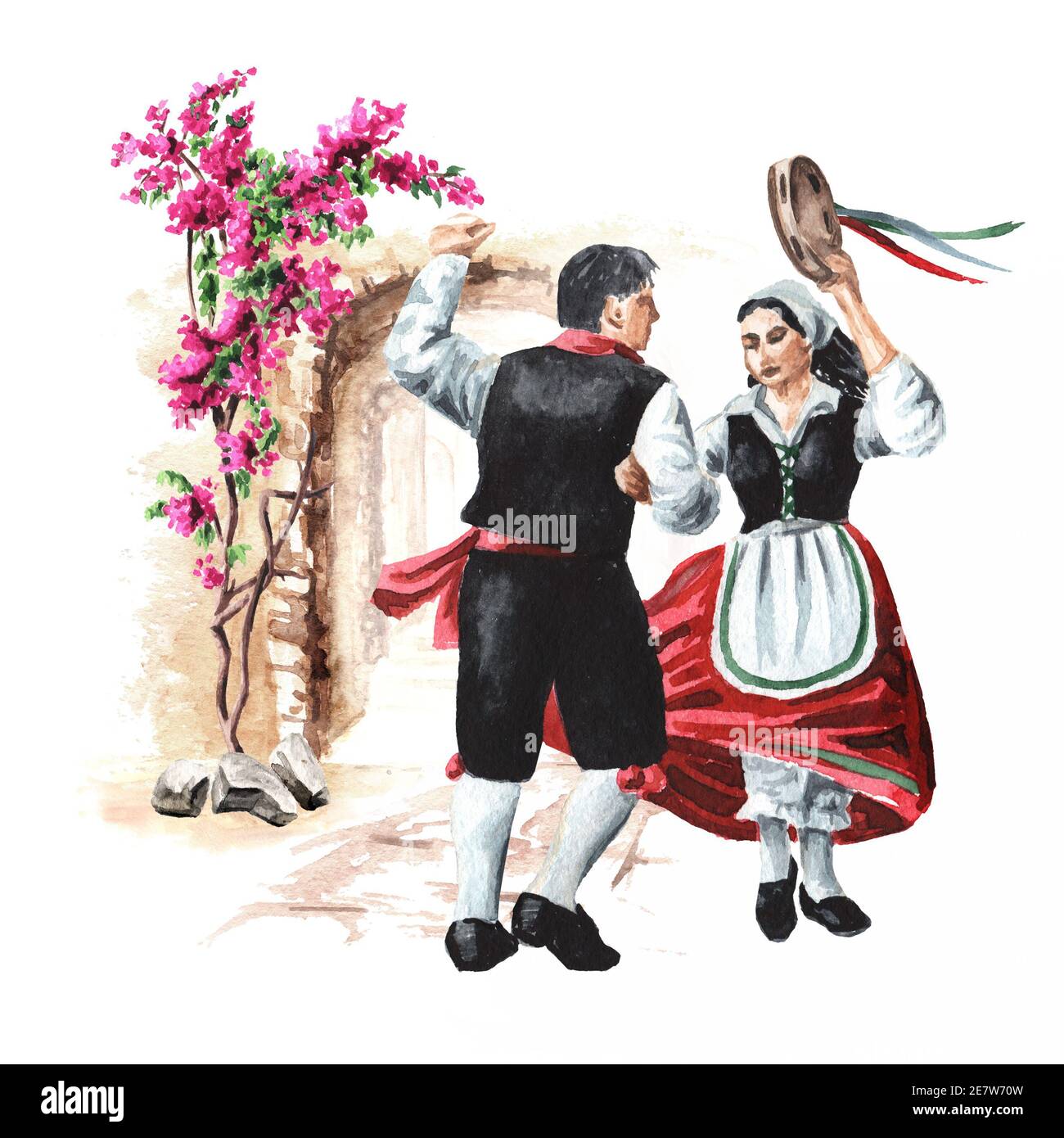 Balli folcloristici italiani. Un paio di ballerini in costumi nazionali. Illustrazione di acquerello disegnata a mano isolata su sfondo bianco Foto Stock
