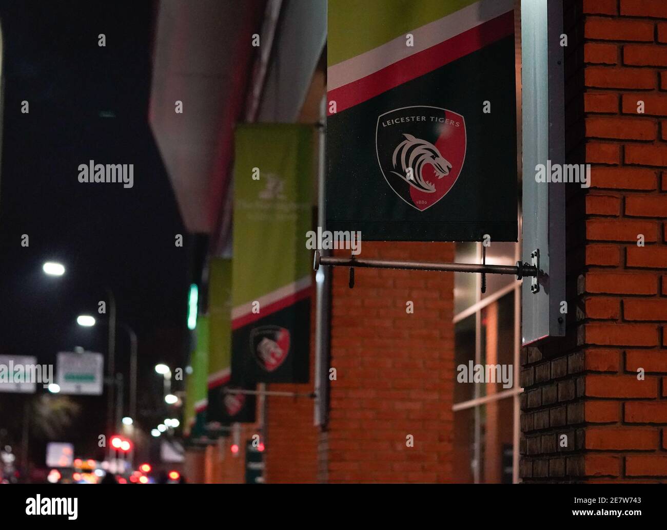 Vista generale fuori dal Mattioli Woods Welford Road Stadium prima di una partita di rugby Union del Gallagher Premiership Round 7, venerdì 29 gennaio 2021, in L. Foto Stock