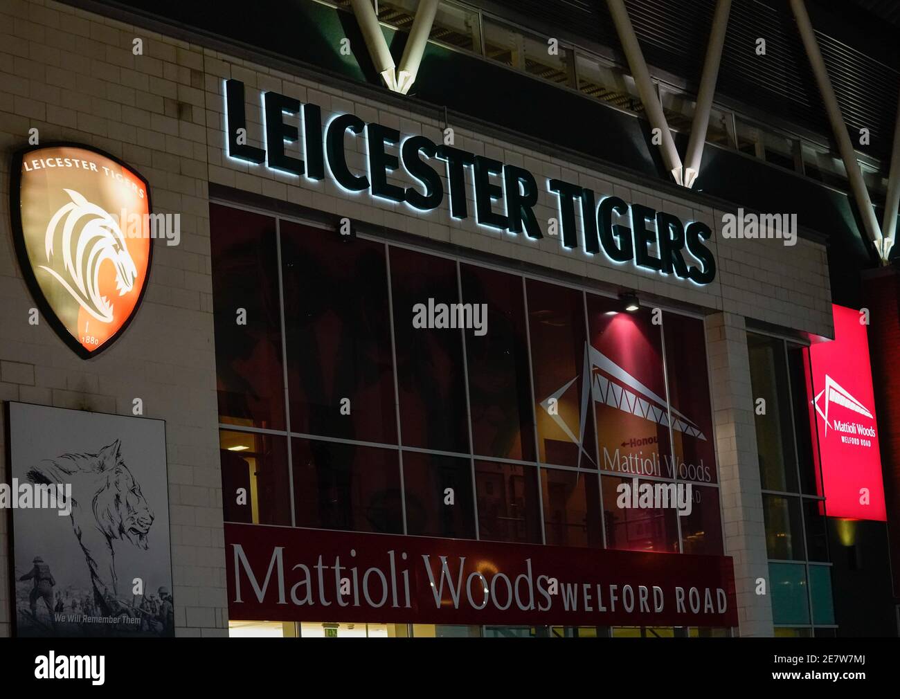 Vista generale fuori dal Mattioli Woods Welford Road Stadium prima di una partita di rugby Union del Gallagher Premiership Round 7, venerdì 29 gennaio 2021, in L. Foto Stock