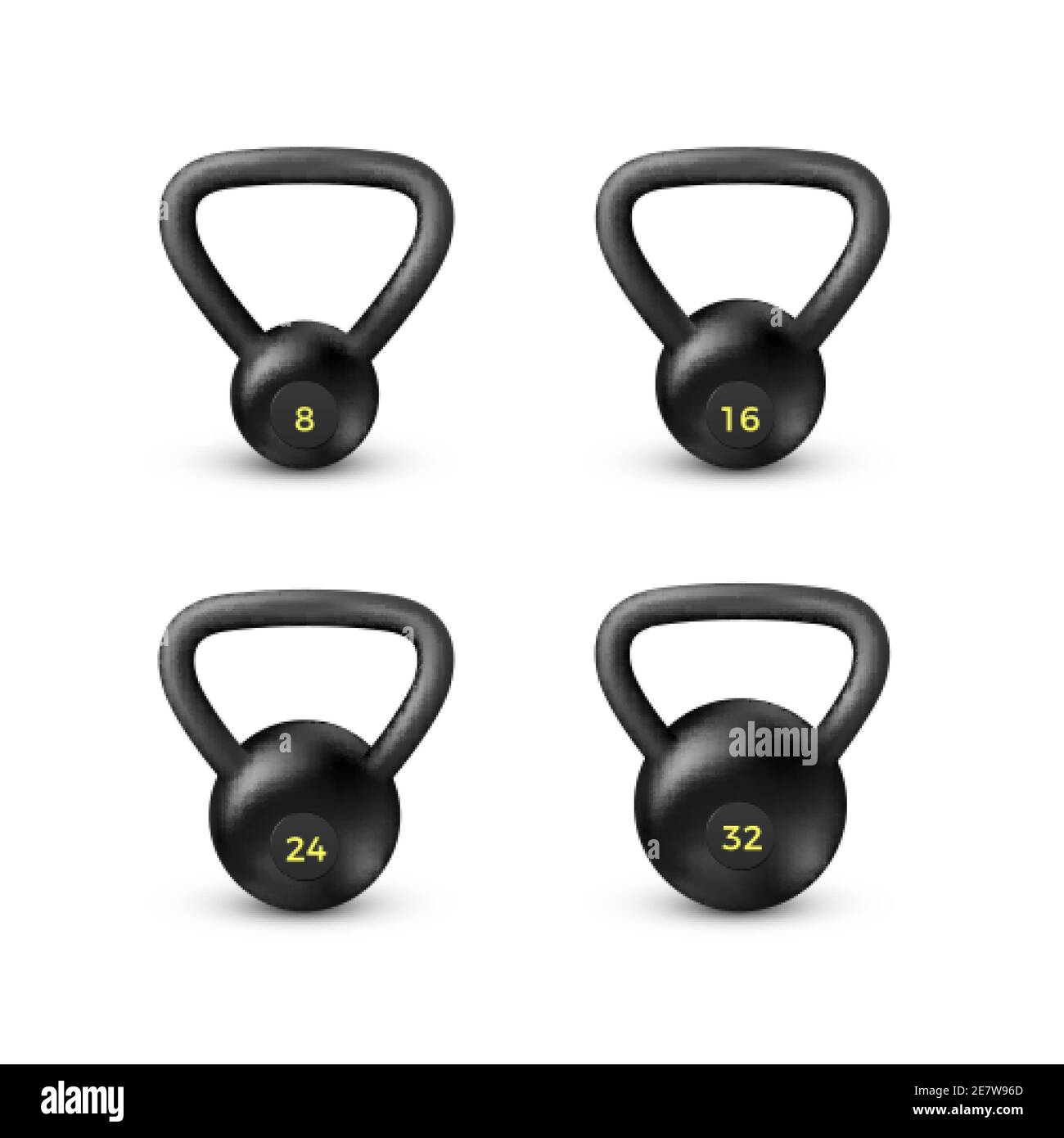 Set di kettlebell nero realistico. Attrezzature per bodybuilding e allenamento. Vettore Illustrazione Vettoriale