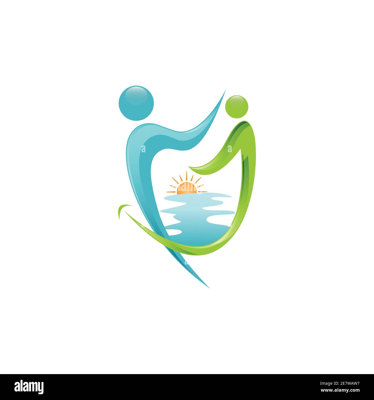 Vettore di logo dentale di figure umane o persone astratte. Figura astratta di poeple che forma i denti con la spiaggia e il tramonto scenario Illustrazione Vettoriale