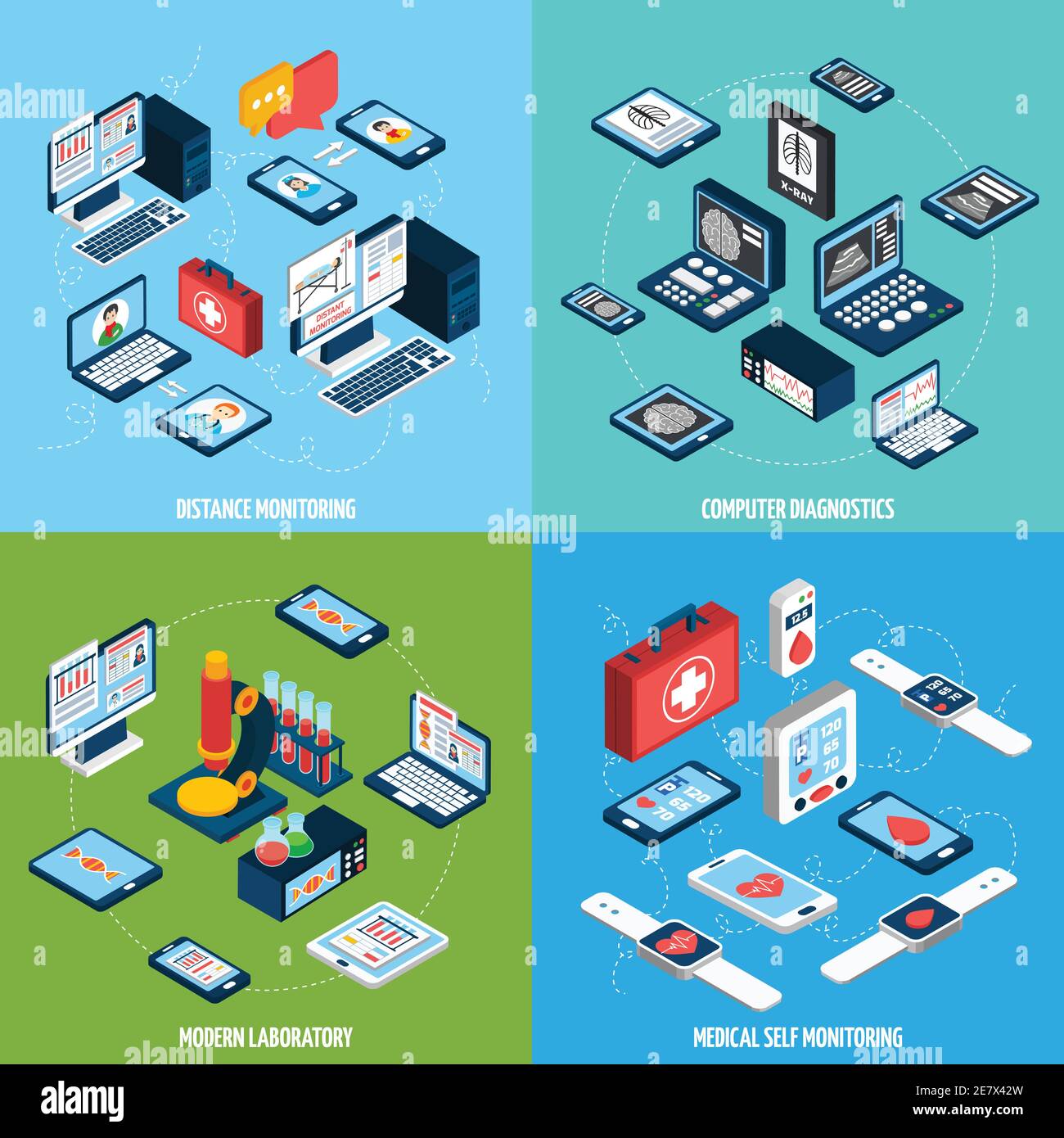 Set di concetti di progettazione Telemedicine con icone isometriche di monitoraggio dello stato isolate illustrazione vettoriale Illustrazione Vettoriale
