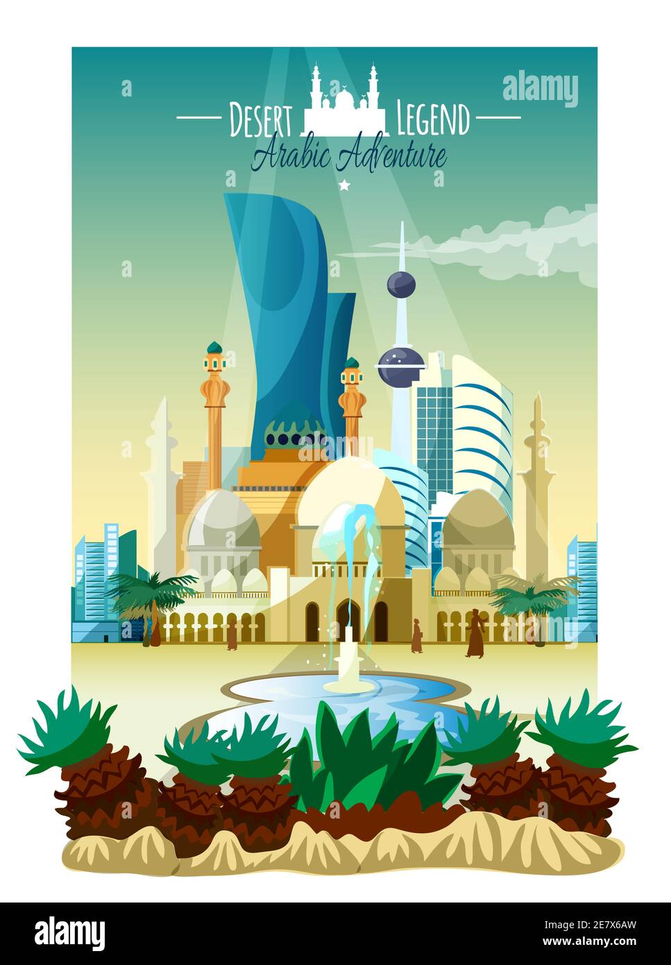 Poster arabo con monumenti storici ed edifici moderni fontana e piante subtropicali piatto illustrazione vettoriale Illustrazione Vettoriale
