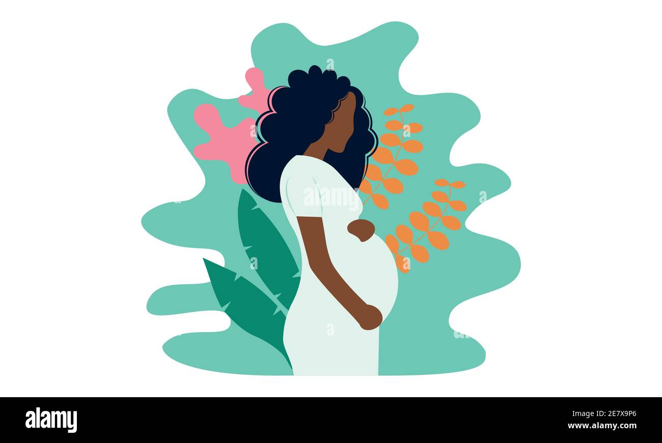 Giovane bella donna nera incinta in natura. Concetto di gravidanza, maternità. Illustrazione Vettoriale