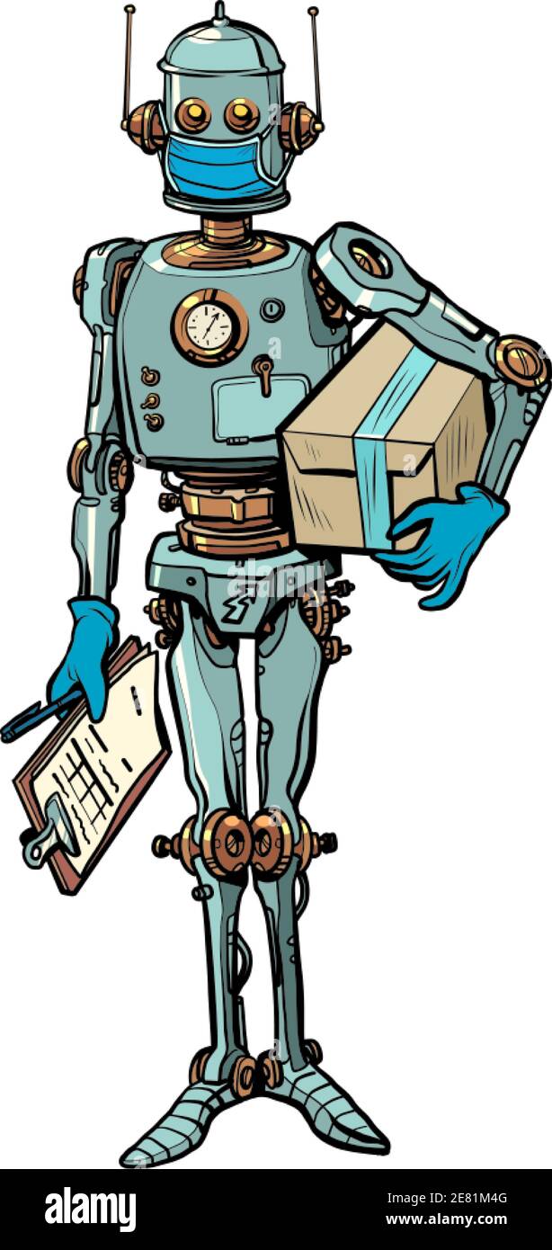 Corriere robot in maschera medica, consegna sicura in quarantena Illustrazione Vettoriale