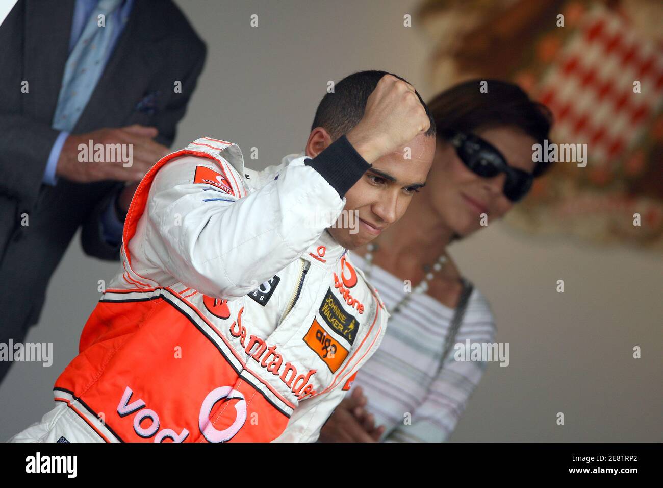 Il pilota britannico di Formula uno Lewis Hamilton della McLaren Mercedes ha ritratto sul podio dopo il Gran Premio di Monaco a Monte-Carlo, Monaco, il 27 maggio 2007. Alonso vince davanti ad Hamilton e massa. Foto di Frederic Nebinger/Cameleon/ABACAPRESS.COM Foto Stock