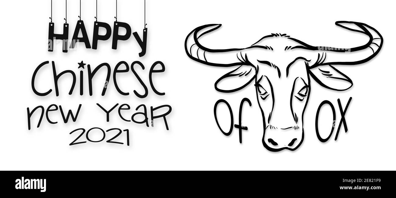 Felice anno nuovo cinese 2021 dell'illustrazione di Zodiac Ox arte con iscrizione di testo e tipografia Foto Stock
