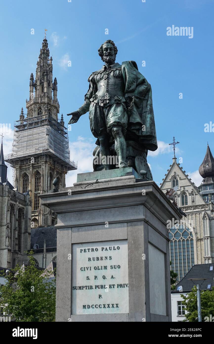 Statua di Peter Paul Rubens al Groenplaats ad Anversa, Belgio Foto Stock
