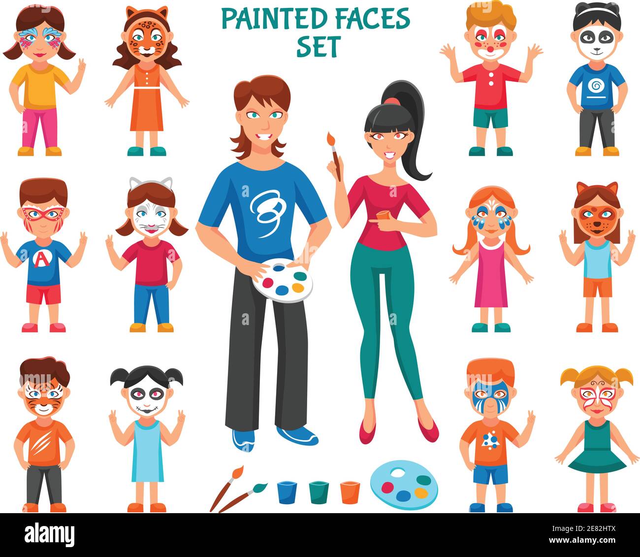 Set di icone di pittura facciale per bambini. Illustrazione di BodyART Paint Vector. Set decorativo pittura faccia. Set di design Greasepaint for Children. Facce verniciate Illustrazione Vettoriale