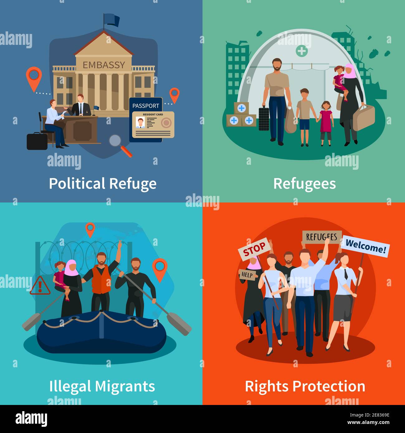 Rifugiati apolidi 2x2 progettazione di un set di concetto di rifugio politico illegale immigrati diritti protezione incontro composizioni piatte illustrazione vettoriale Illustrazione Vettoriale