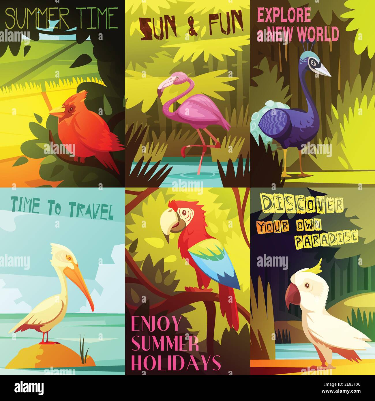 Esotico colorato uccelli 6 poster composizione con cockatoo pappagallo pellicano e fenicottero sulla spiaggia resort illustrazione vettoriale Illustrazione Vettoriale