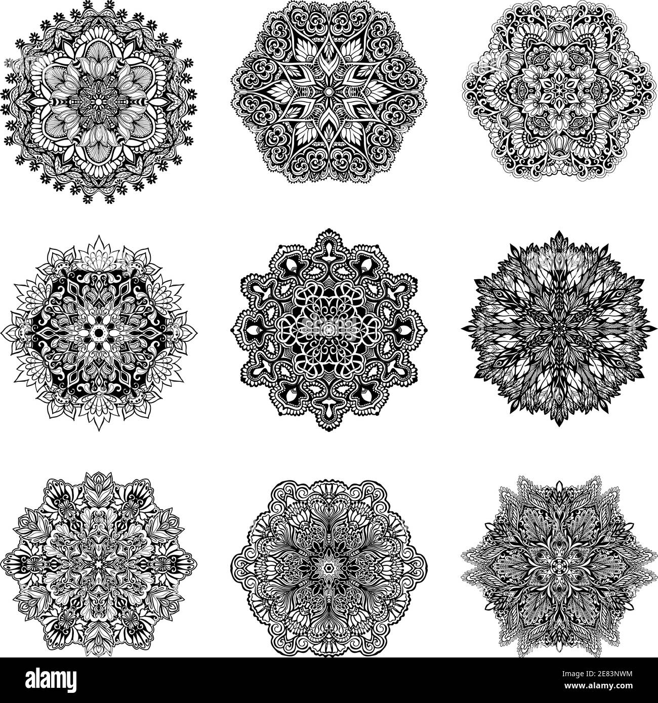 I simboli decorativi del mandala in bianco e nero impostano l'illustrazione vettoriale isolata Illustrazione Vettoriale