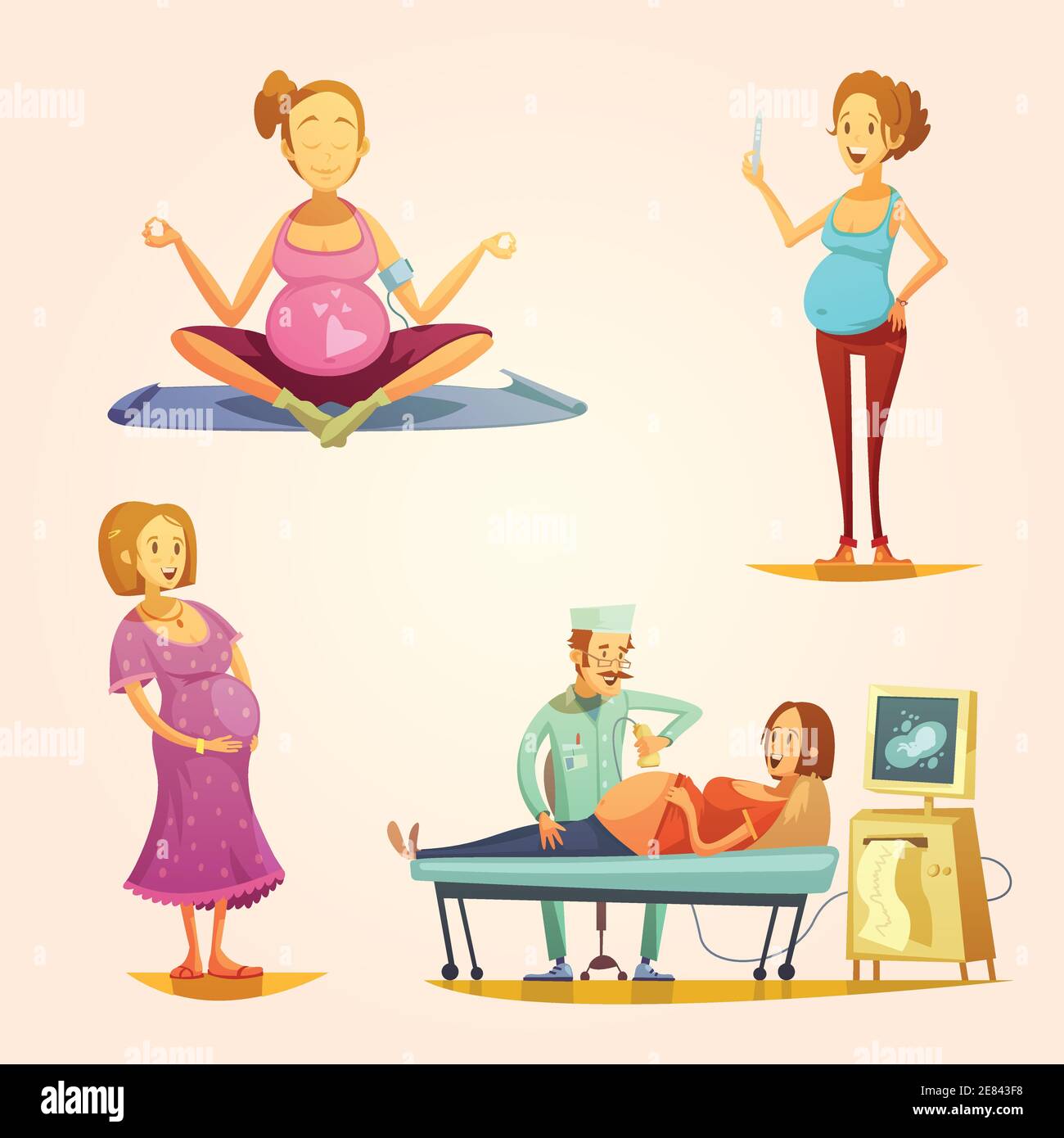 Gravidanza retro stile 4 icone banner quadrato con ecografia screening e l'illustrazione vettoriale astratta del risultato della striscia di test Illustrazione Vettoriale