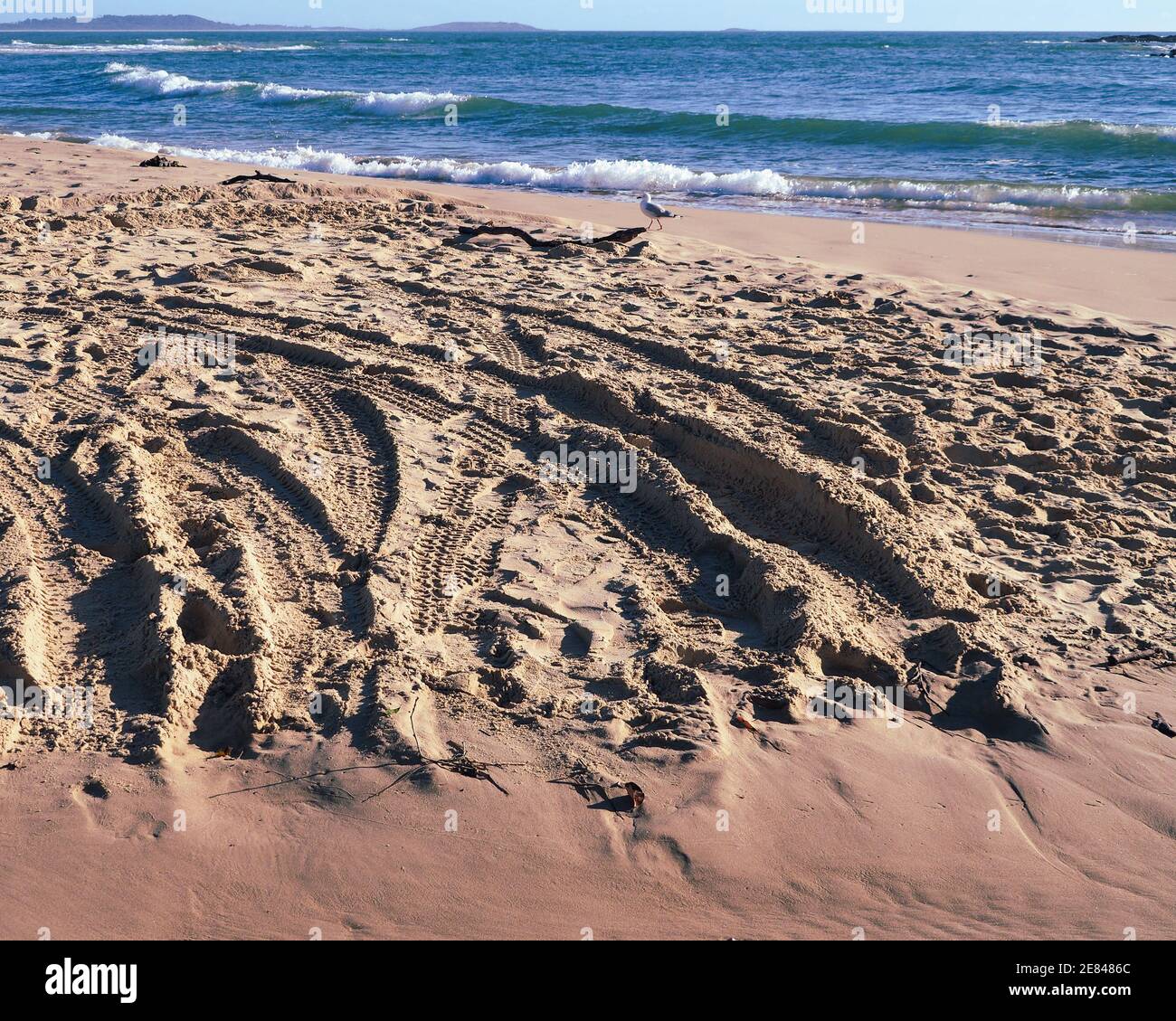 Tracce di pneumatici provenienti da veicoli che lasciano il segno sull'ambiente di questa splendida spiaggia sabbiosa con onde marine che si infrangono Foto Stock