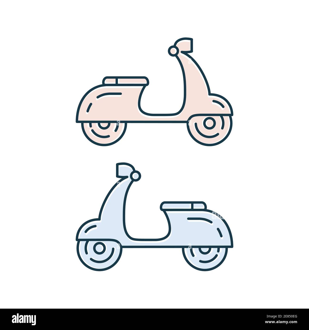 Icona scooter impostata. Collezione di scooters carino blu e rosa. Trasporto vettoriale isolato su bianco. Illustrazione Vettoriale