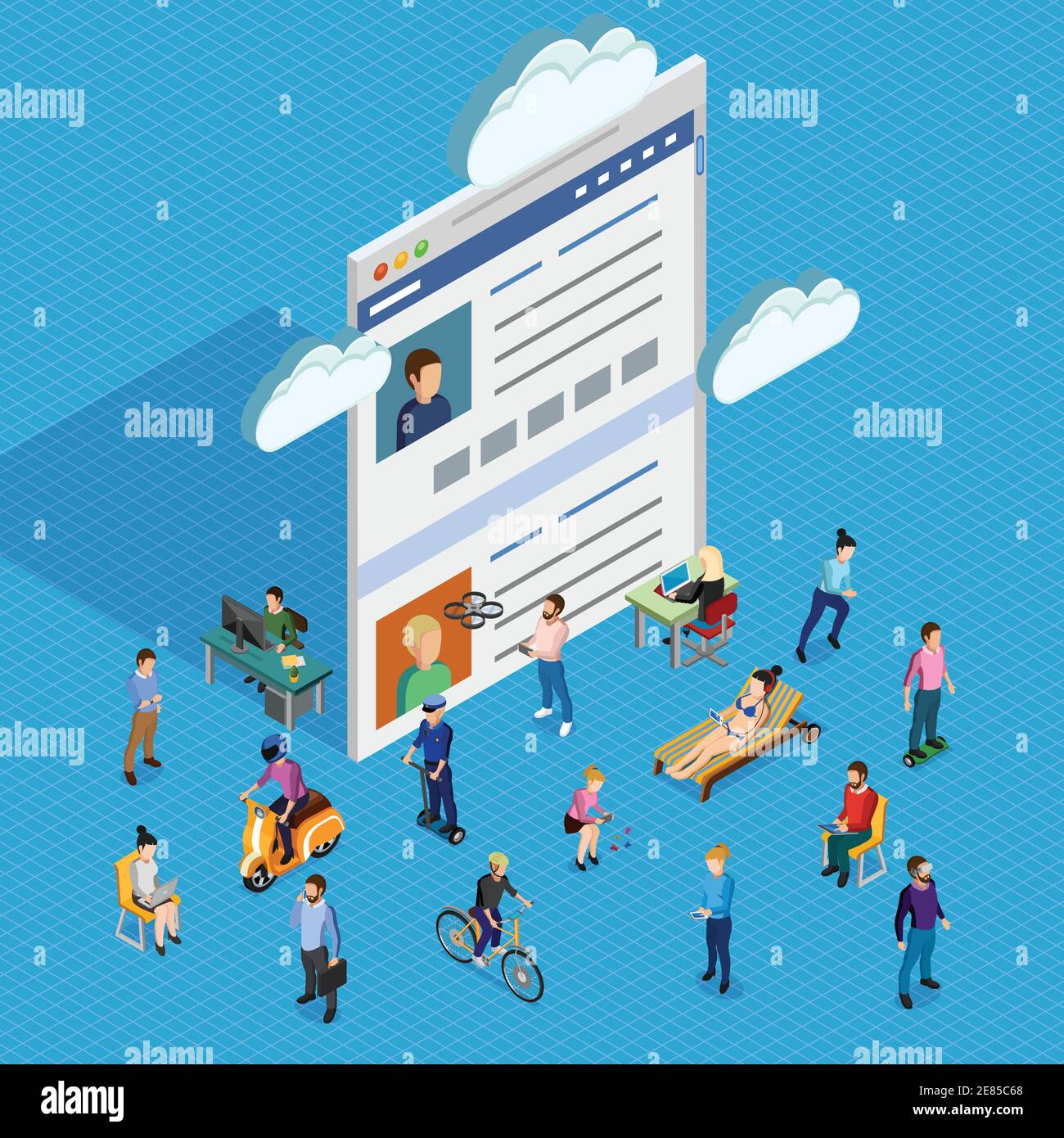 Forum società di uomini e donne di diverse età che hanno vari interessi e l'utilizzo di dispositivi elettronici composizione isometrica con forum pagina e cloud Illustrazione Vettoriale