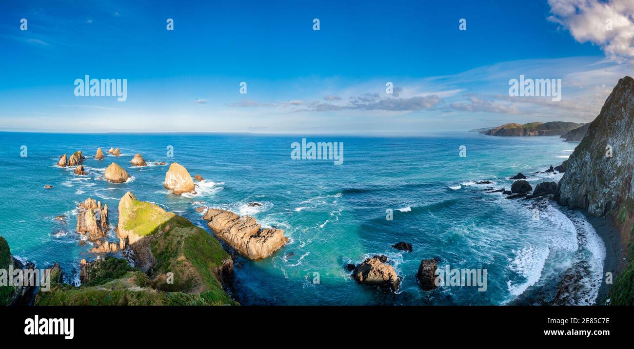 Un ampio panorama della costa pericolosa che guarda a sud Faro di Nugget Point Foto Stock