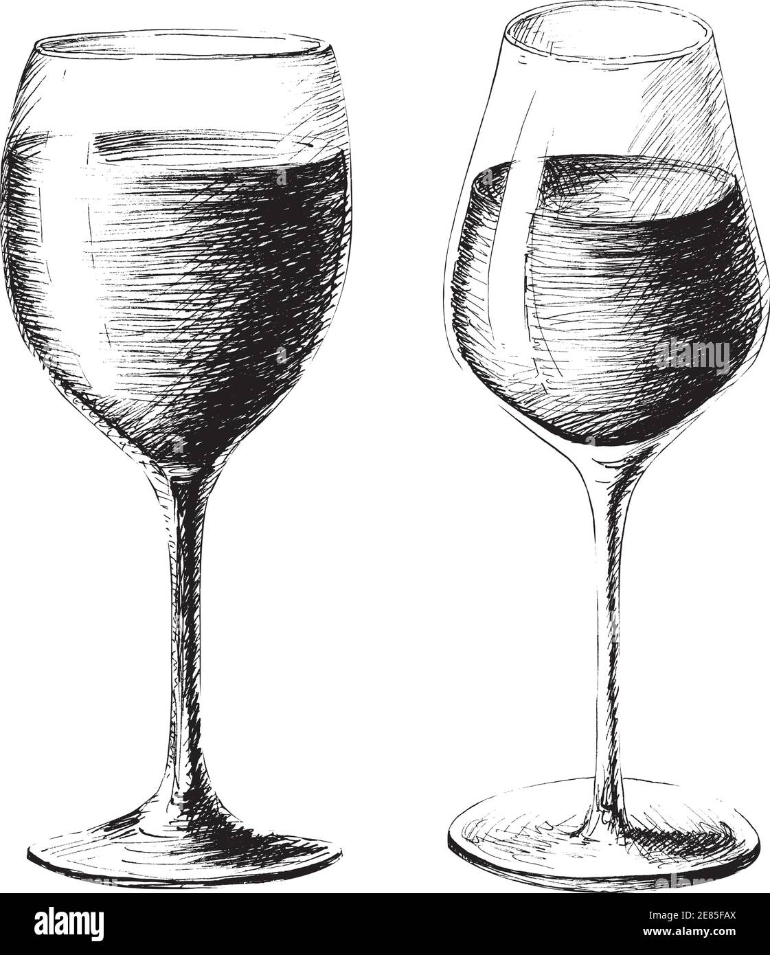 Disegno vettoriale in stile monocromo di due vini disegnati a mano, bicchieri di champagne di vino isolati su sfondo bianco. Illustrazione Vettoriale