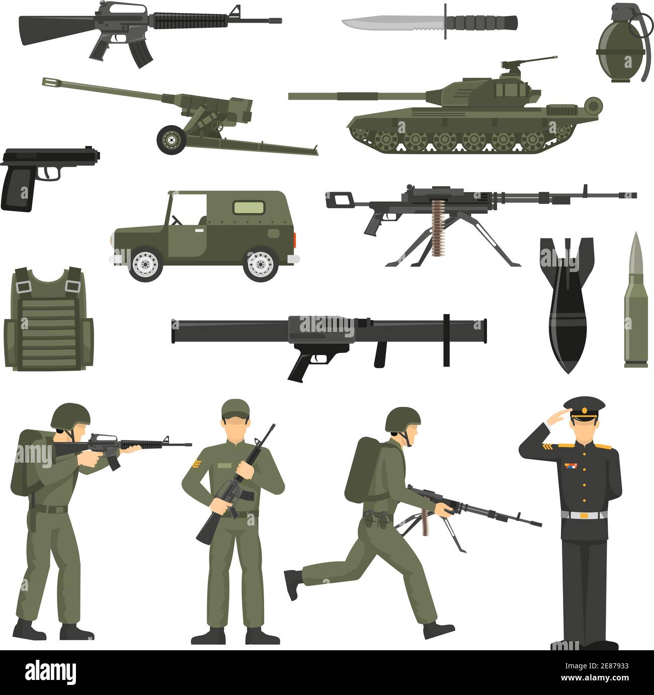 Collezione di icone dell'esercito con militari militari ufficiali militari militari armi munizioni e macchinario olive khaki astratto vettore illustrazione Illustrazione Vettoriale