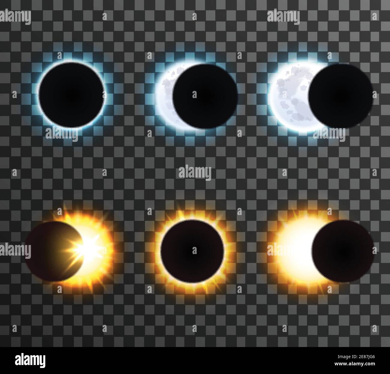 Diverse fasi del sole con raggi e fumetti luminosi sulla luna icone isolate impostate su un'illustrazione vettoriale trasparente di sfondo Illustrazione Vettoriale