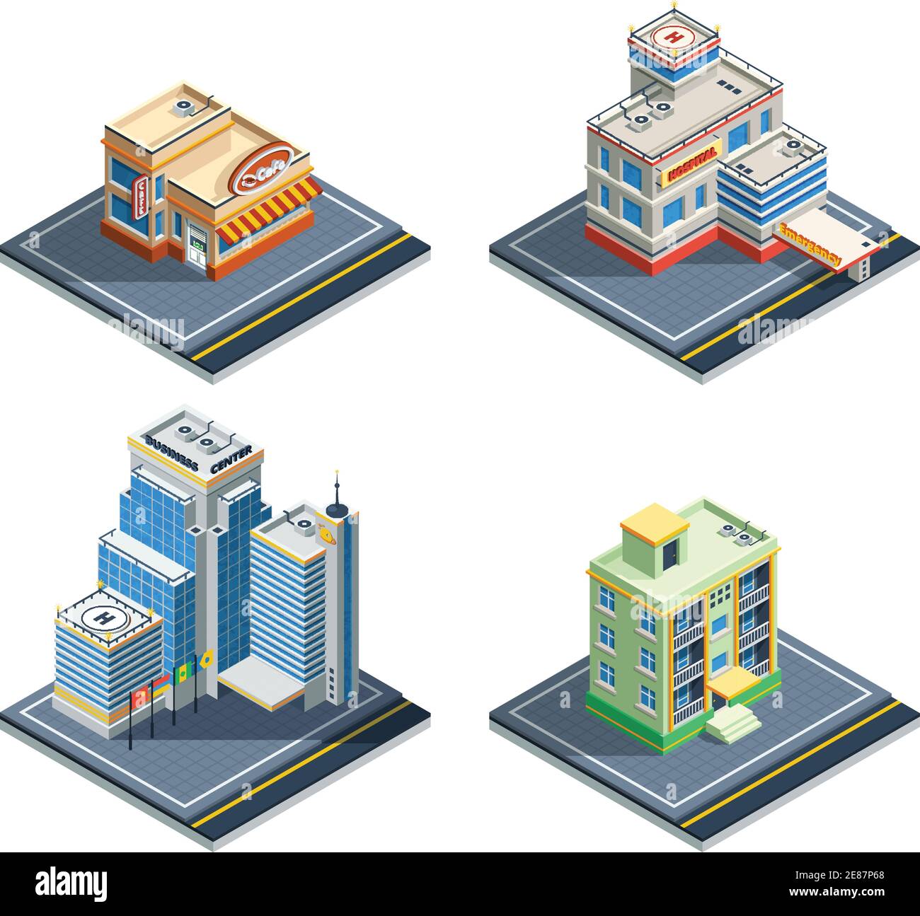 Costruzione di un insieme di icone isometriche isolate con quattro tipi di ordinari illustrazione vettoriale delle strutture cittadine Illustrazione Vettoriale