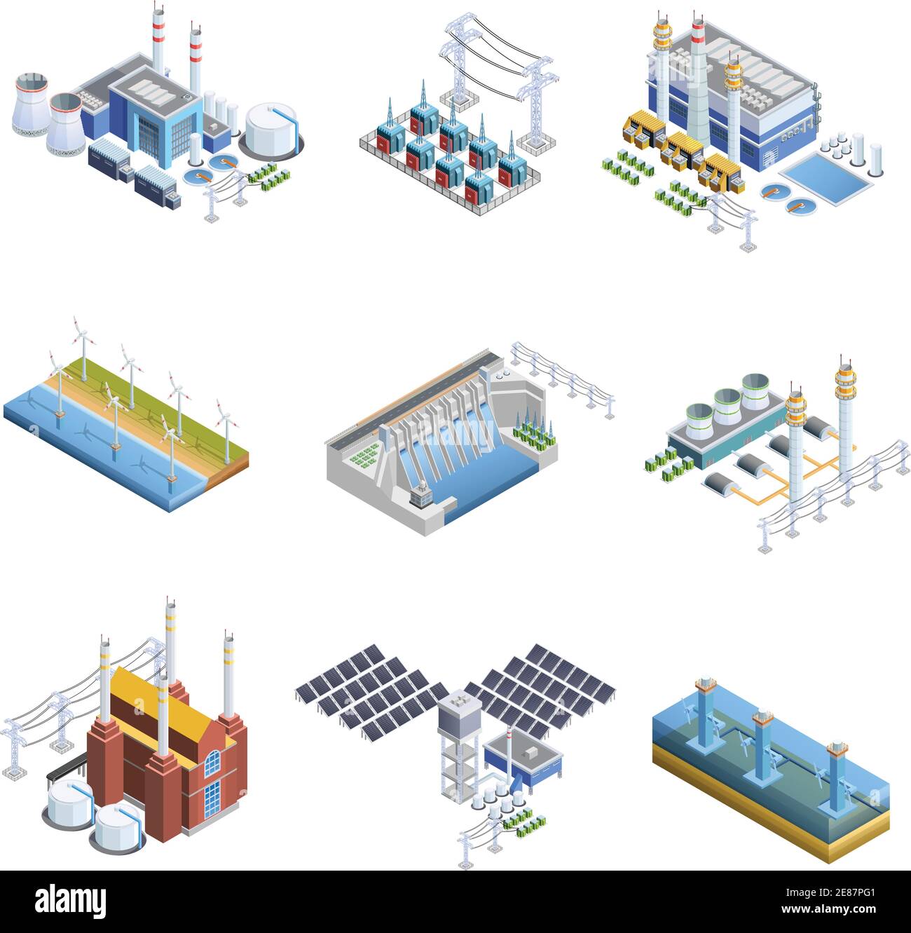 Set di immagini isometriche di diversi tipi di impianti di generazione di elettricità dalla turbina a gas all'illustrazione vettoriale isolata dal sole Illustrazione Vettoriale