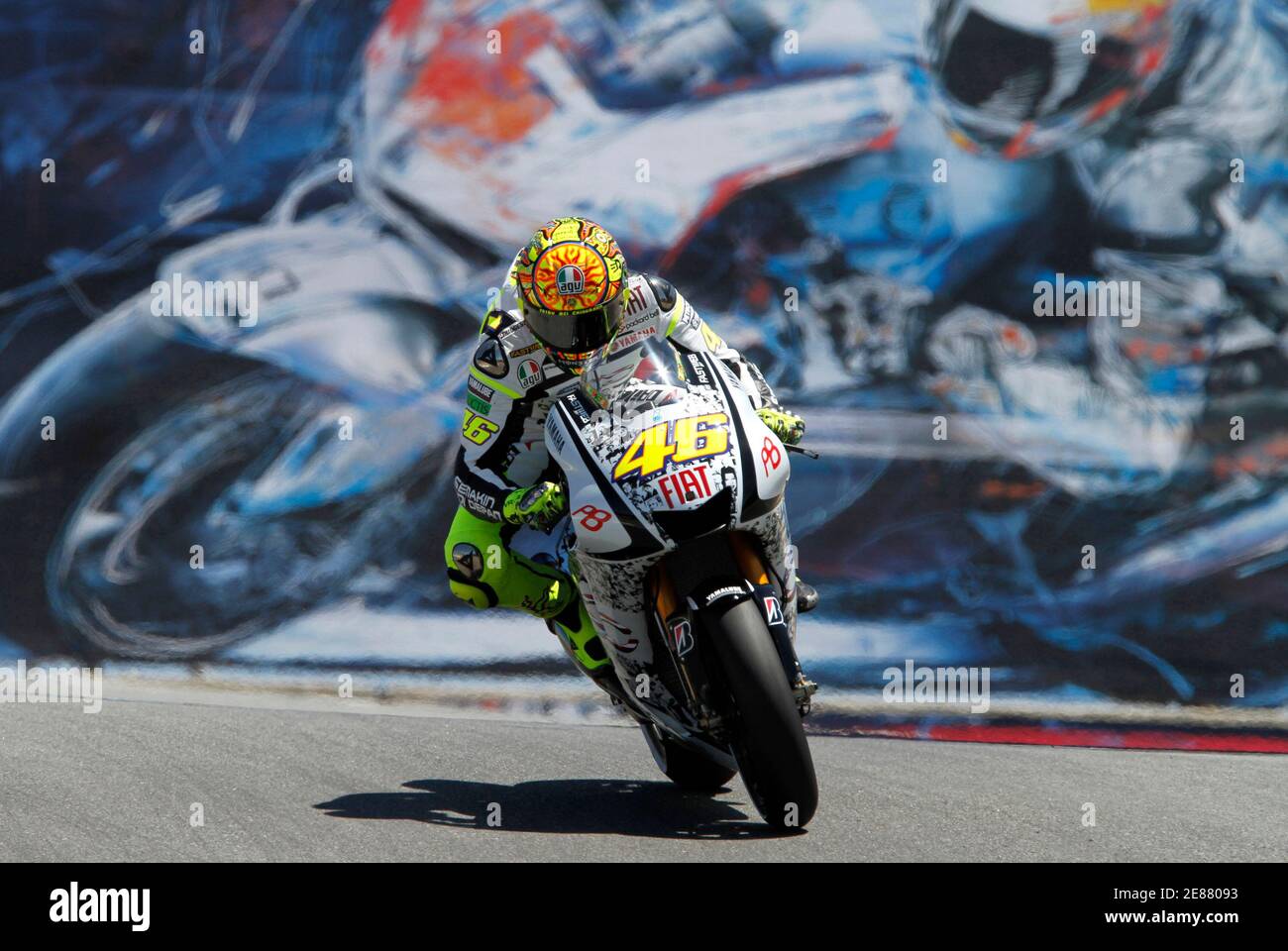 Yamaha MotoGP rider Valentino Rossi of Italy races during the first  practice round of the U.S. Grand Prix at Laguna Seca Raceway in Monterey,  California July 23, 2010. REUTERS/David Royal (UNITED STATES -