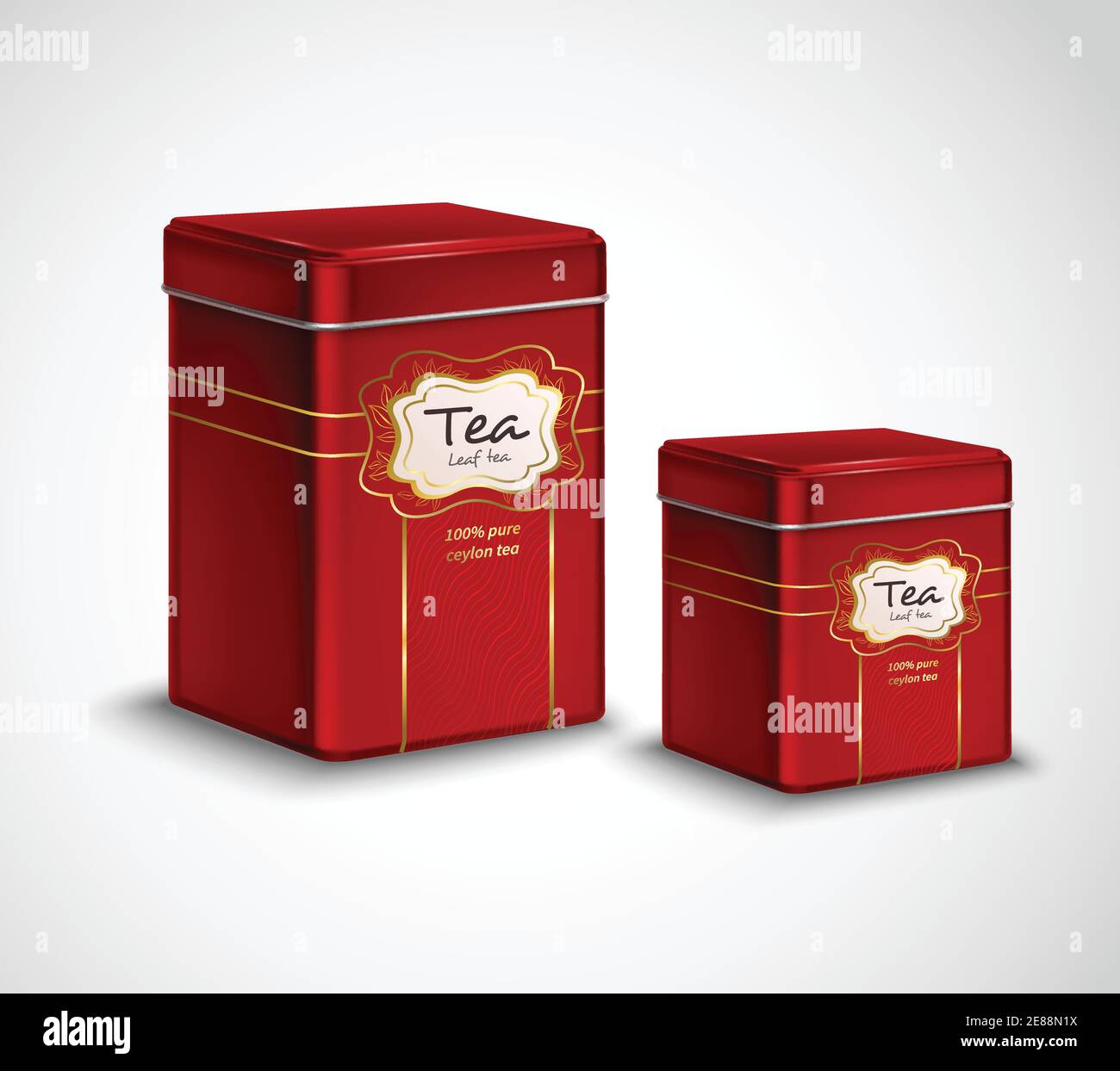 Confezione in metallo per tè di alta qualità e contenitori di stoccaggio pubblicità realistica poster con 2 tini rossi, illustrazione vettoriale Illustrazione Vettoriale