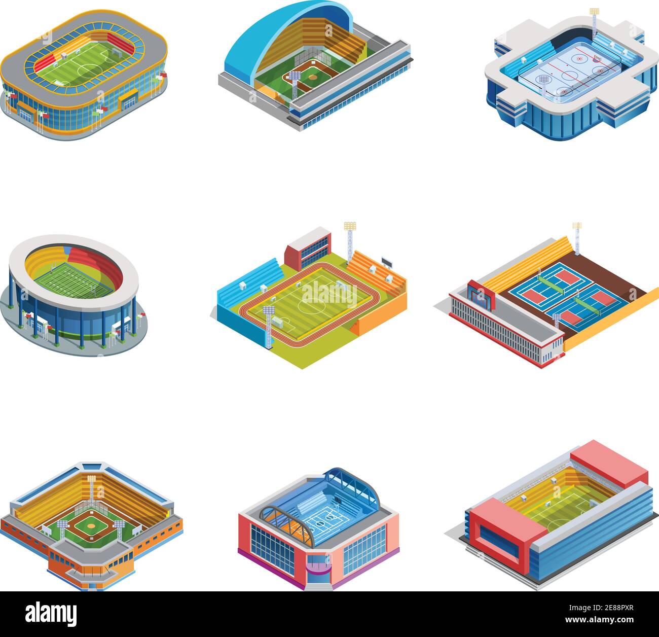 Set di immagini isometriche di diversi stadi sportivi per la pallacanestro calcistica hockey da baseball e altre illustrazioni vettoriali isolate Illustrazione Vettoriale