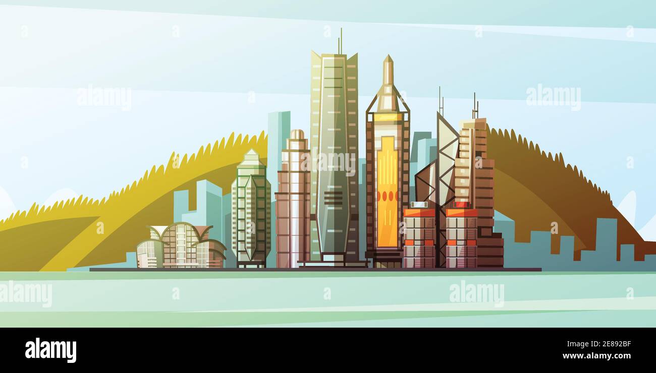 Vista dal mare al panorama del centro di Hong Kong con illustrazione vettoriale piatta con linee sopraelevata e sfondo del ponte Illustrazione Vettoriale