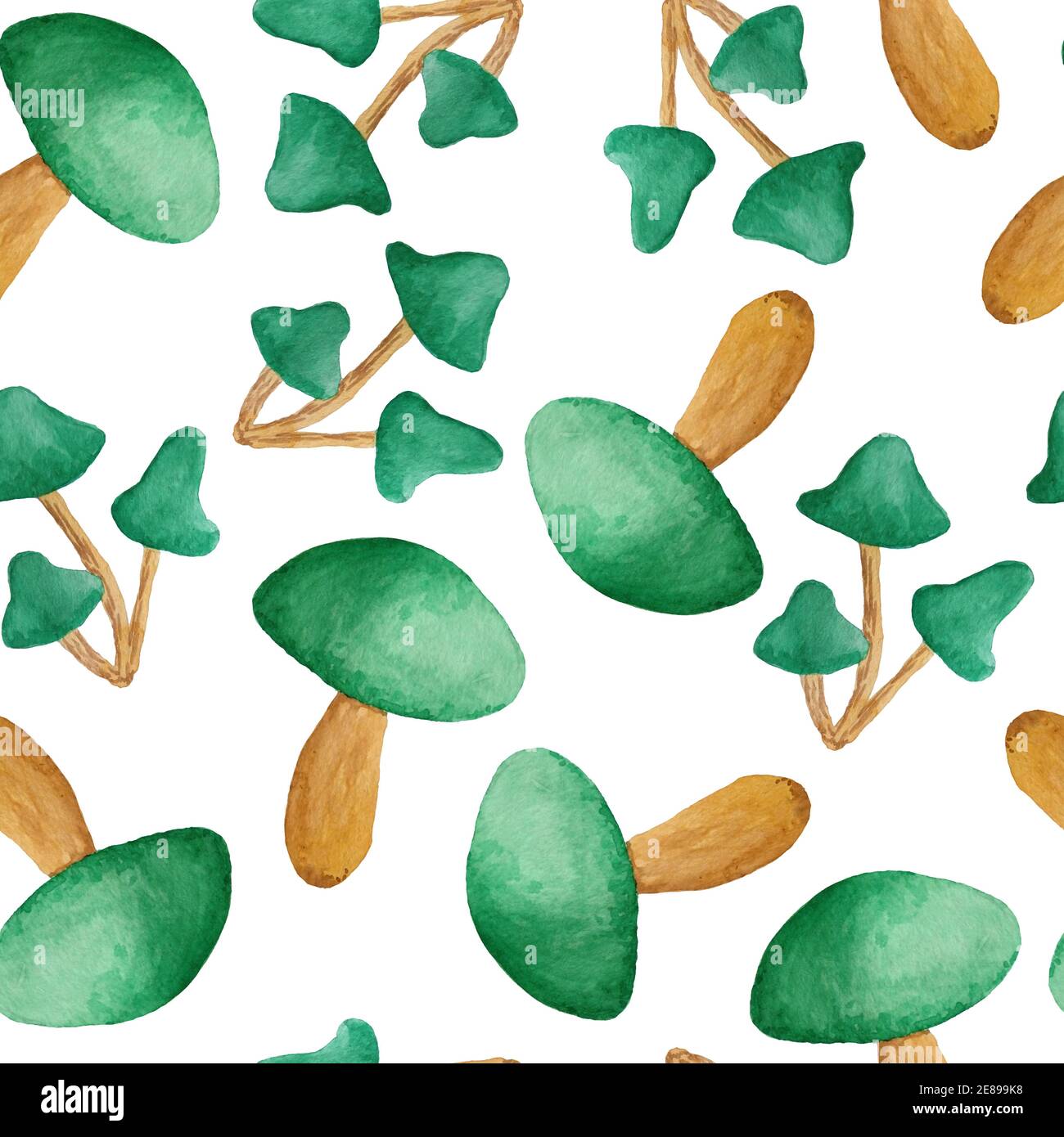 Senza cuciture motivo acquerello disegnato a mano con elementi giorno St Patricks, funghi divertenti verdi realistici, legno foresta sfondo bosco. Irlanda Irlanda festa desifn festa per le feste di parata Foto Stock