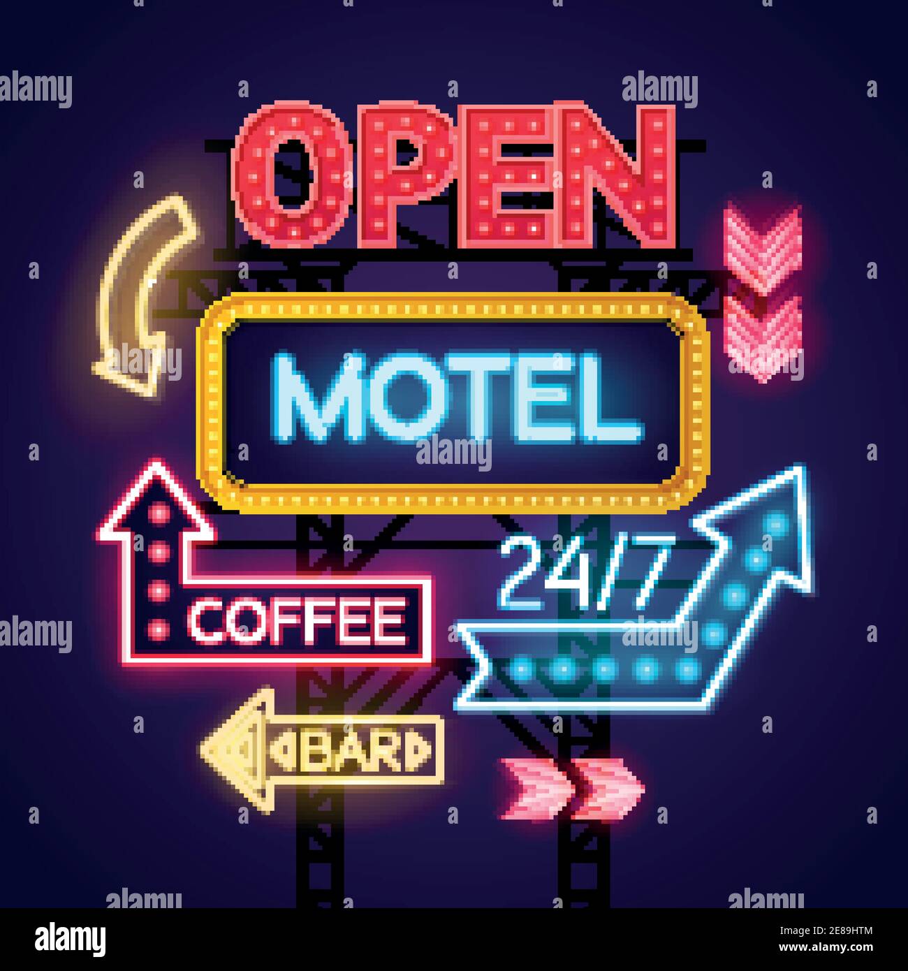 Colorate e luminose insegne al neon per il motel e il set di caffè su sfondo blu scuro illustrazione vettoriale Illustrazione Vettoriale