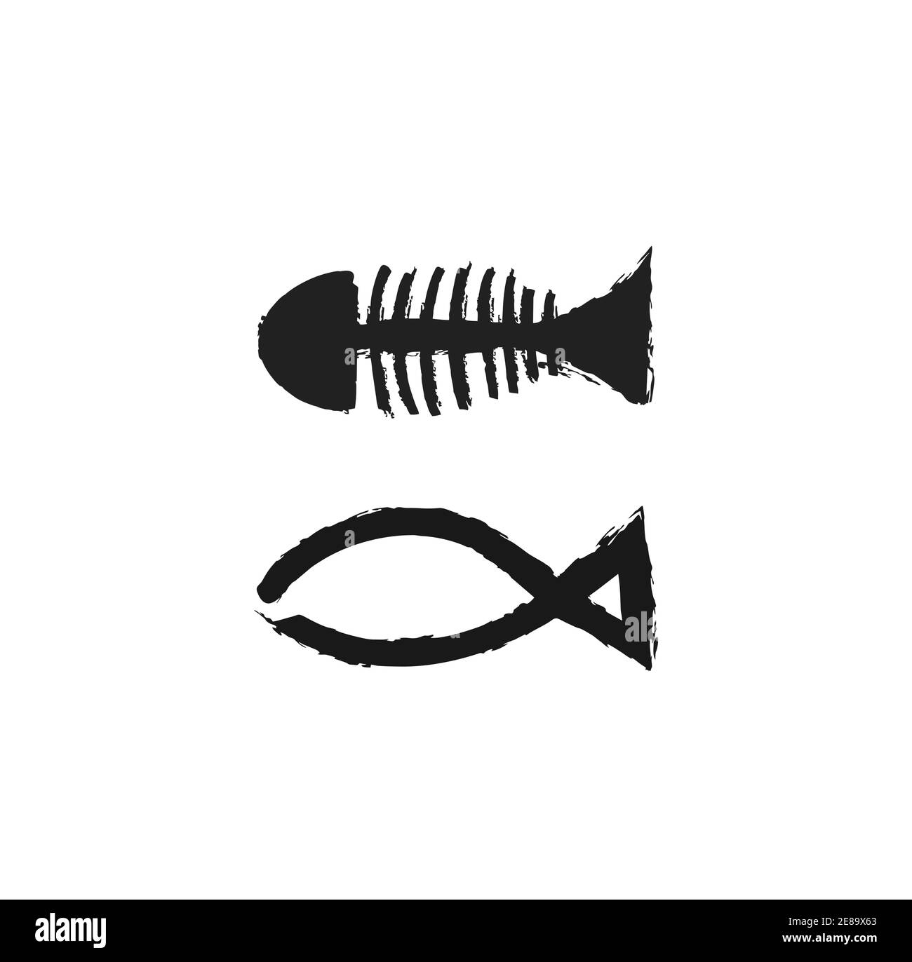 pennello pesce osso e semplice linea di pesce arte per logo e icona del ristorante Illustrazione Vettoriale