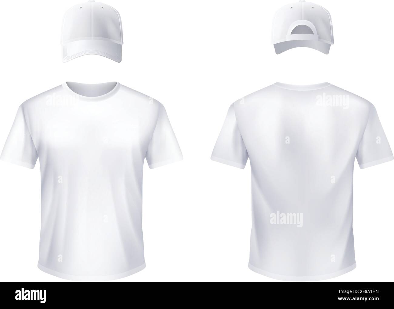 T-shirt bianca e berretto da baseball con vista frontale e posteriore disegno realistico per il vettore di illustrazione uomo Illustrazione Vettoriale