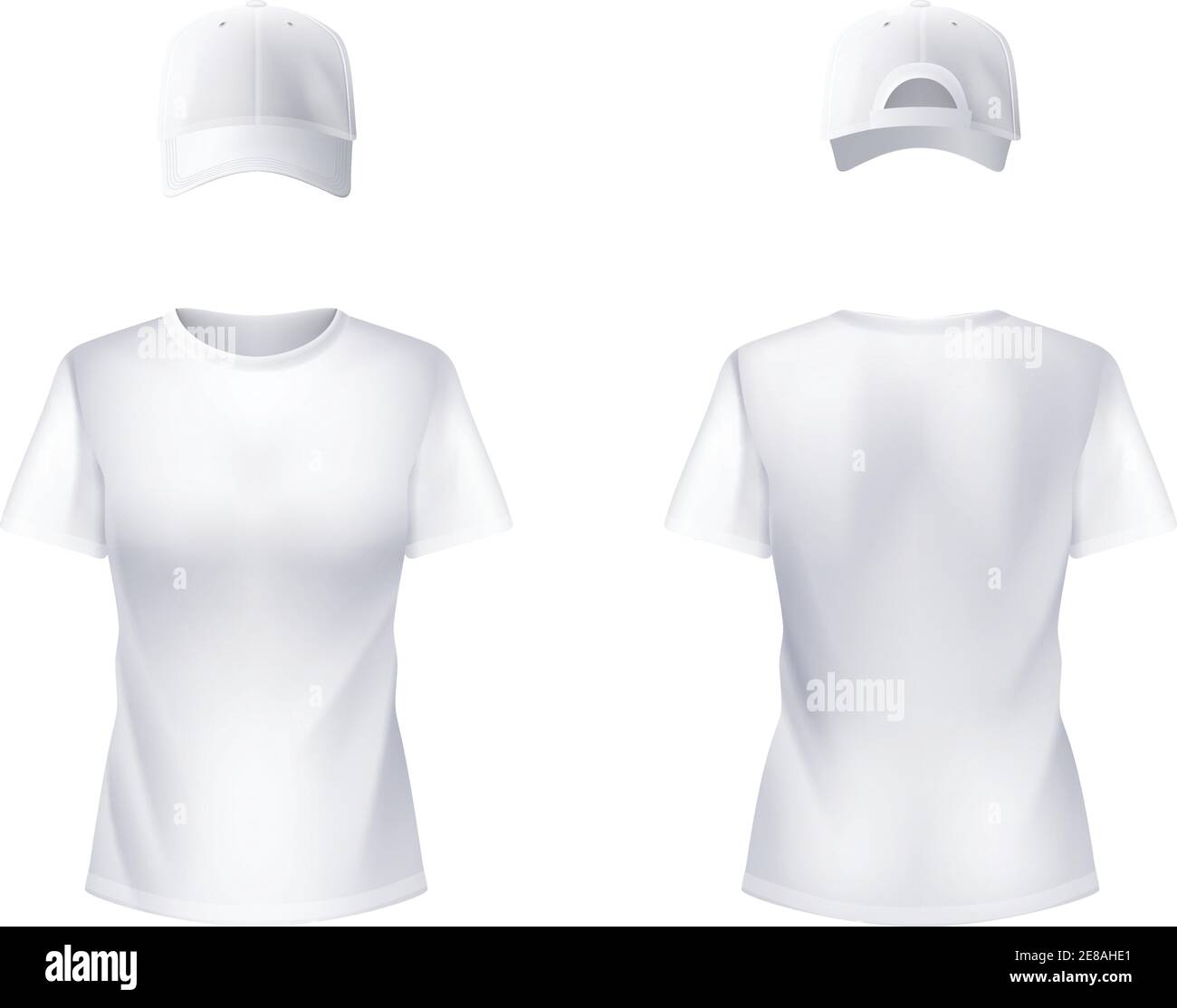 T-shirt bianca e berretto da baseball con vista frontale e posteriore design realistico per donne illustrazione vettore Illustrazione Vettoriale