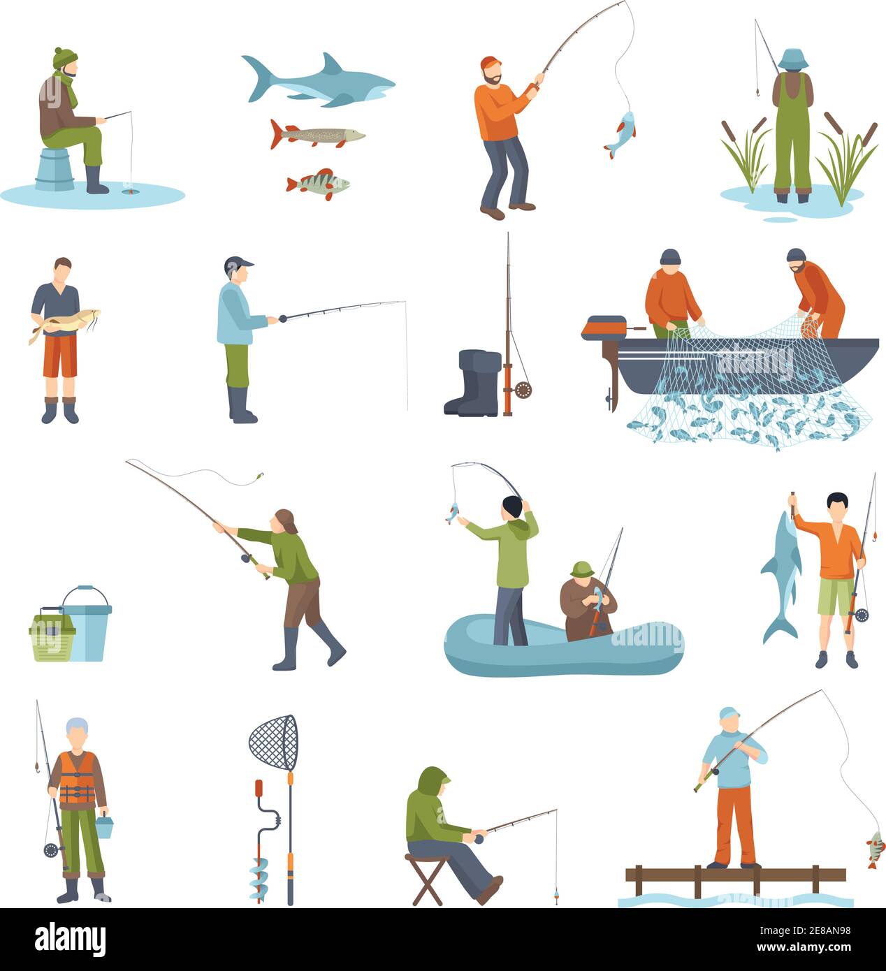 Colorati diversi modi di pesca persone accessori e attrezzi per pesca icone isolate impostate su sfondo bianco illustrazione vettoriale Illustrazione Vettoriale