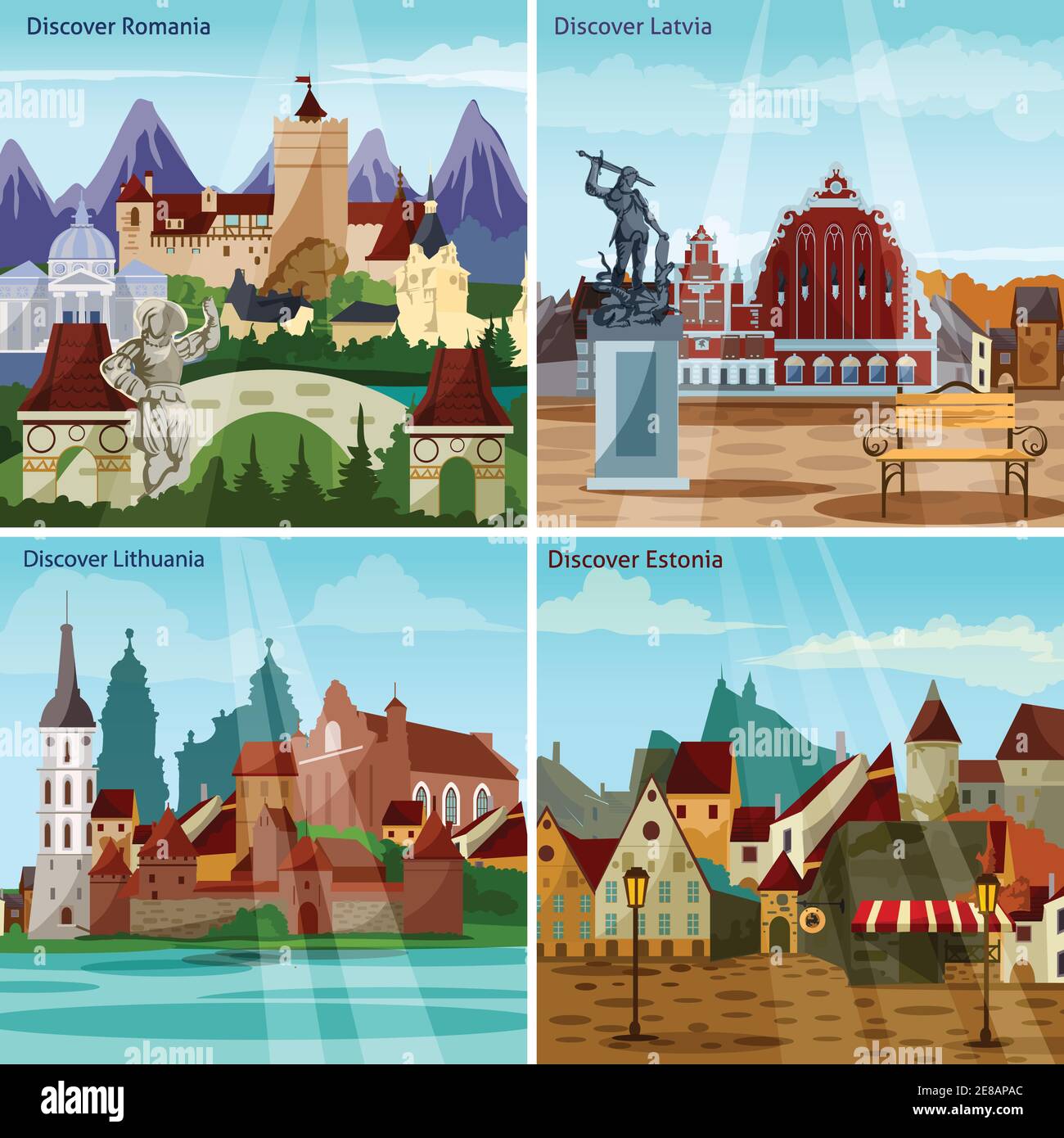 Concetto europeo di Cityscapes. L'Europa e le attrazioni illustrazione vettoriale. Set di icone piatte Città europee. Set di design per i paesi europei. Isol Europa Orientale Illustrazione Vettoriale