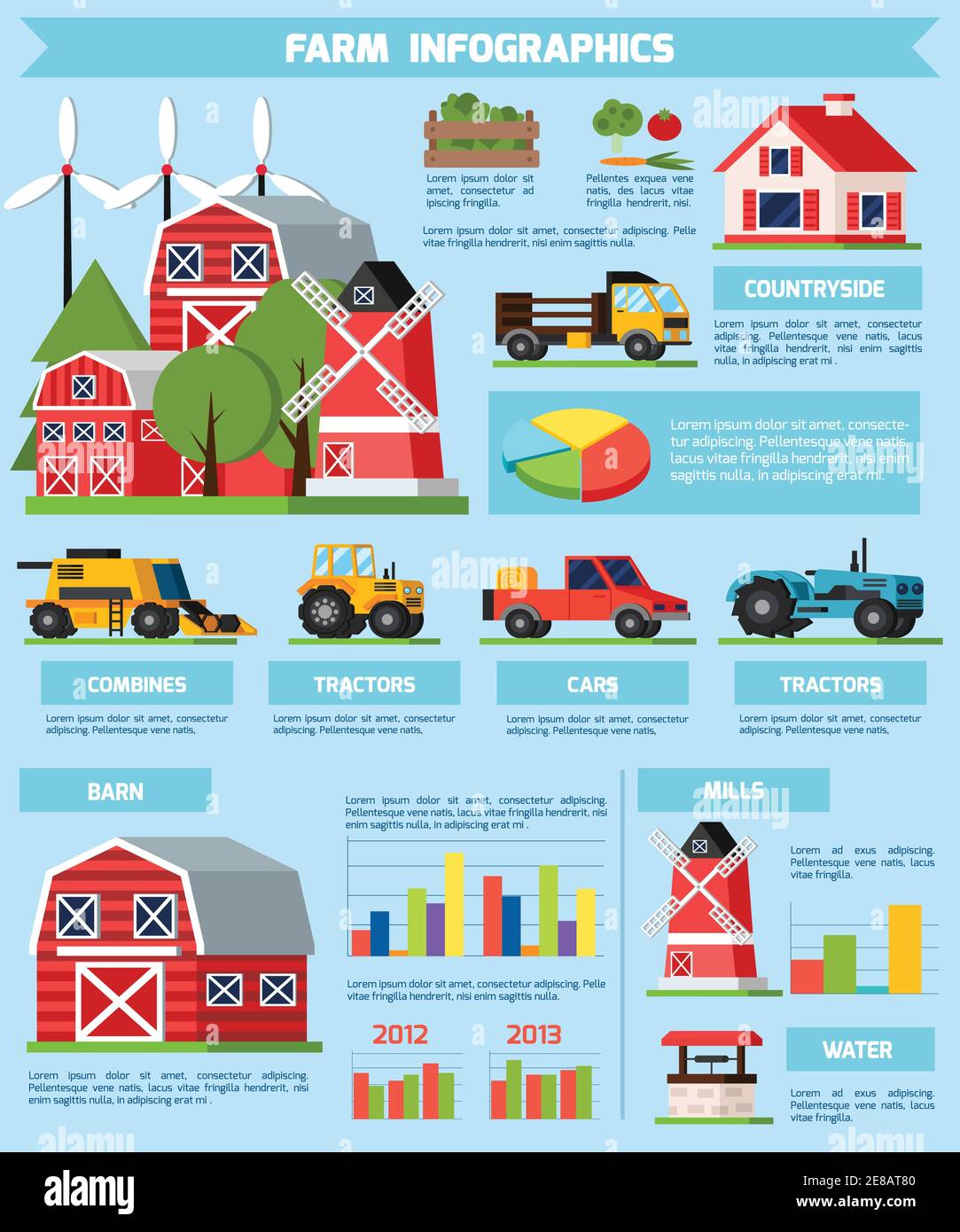 Infografiche piane ortogonali dell'azienda agricola che presentano statistiche e informazioni sulla vita e lavoro in campagna e tipi di illustrazione vettore di trasporto Illustrazione Vettoriale