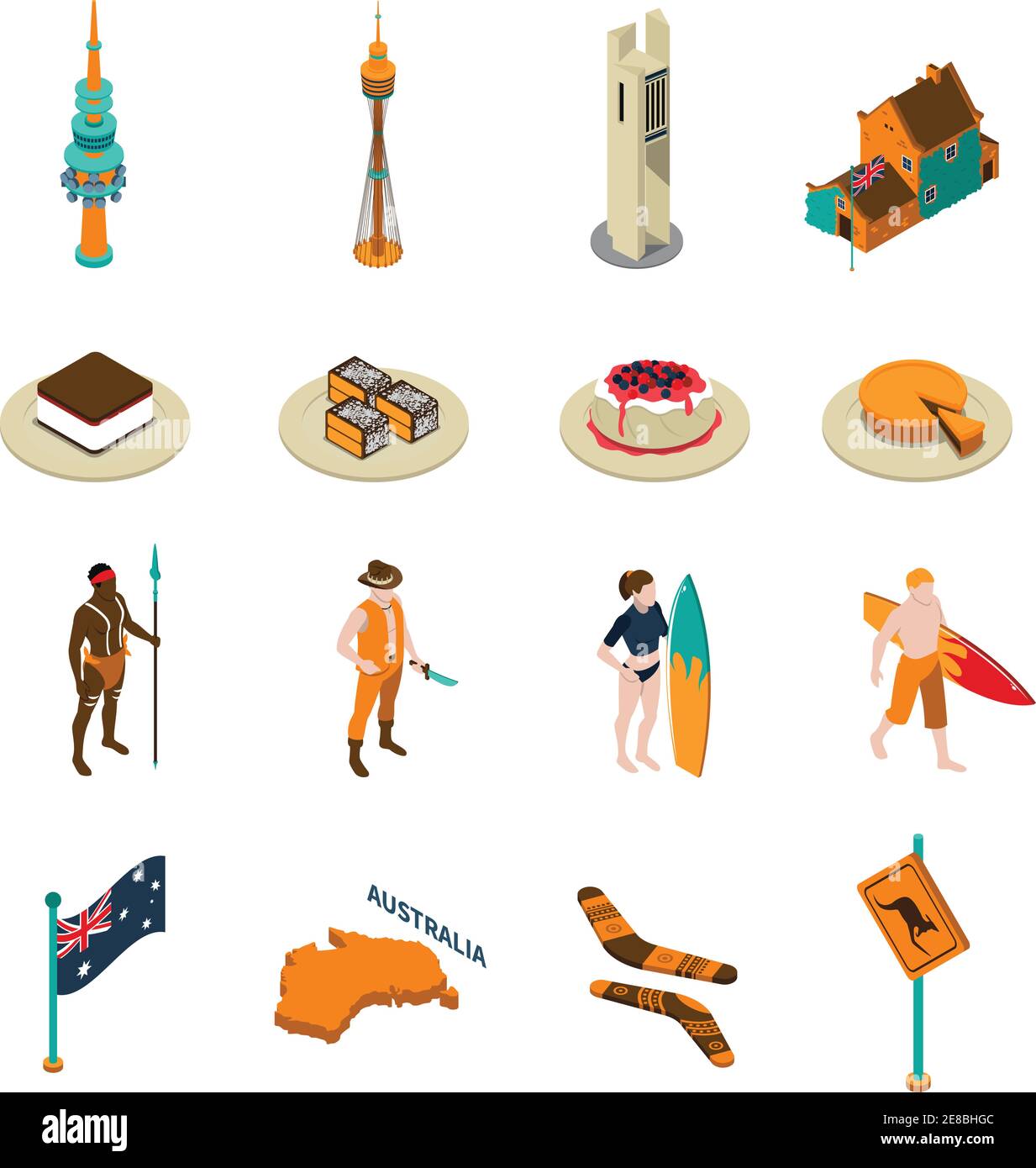 Attrazioni turistiche australiane e simboli nazionali collezione icone isometriche con dessert boomerang e surfisti isolato vettore illustrazione Illustrazione Vettoriale