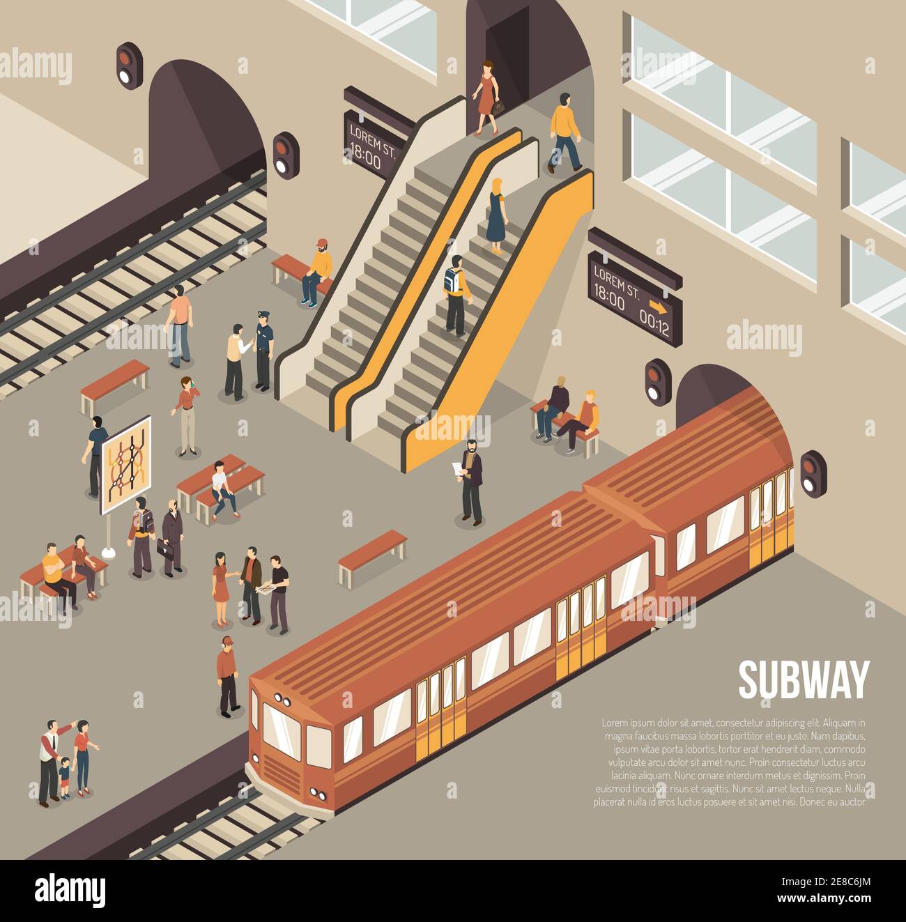 Stazione metropolitana sistema di transito rapido stazione metropolitana poster isometrico con illustrazione dei passeggeri sulla piattaforma e del vettore del treno Illustrazione Vettoriale