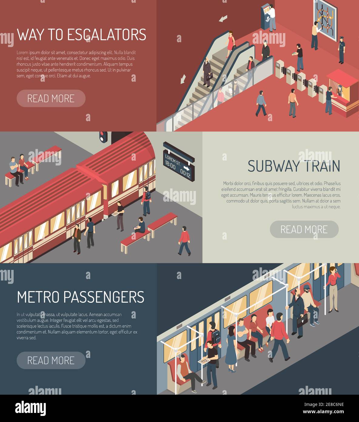 Rete metropolitana sotterranea 3 banner isometrici design con illustrazione vettoriale isolata dei passeggeri della metropolitana sulla scala mobile Illustrazione Vettoriale