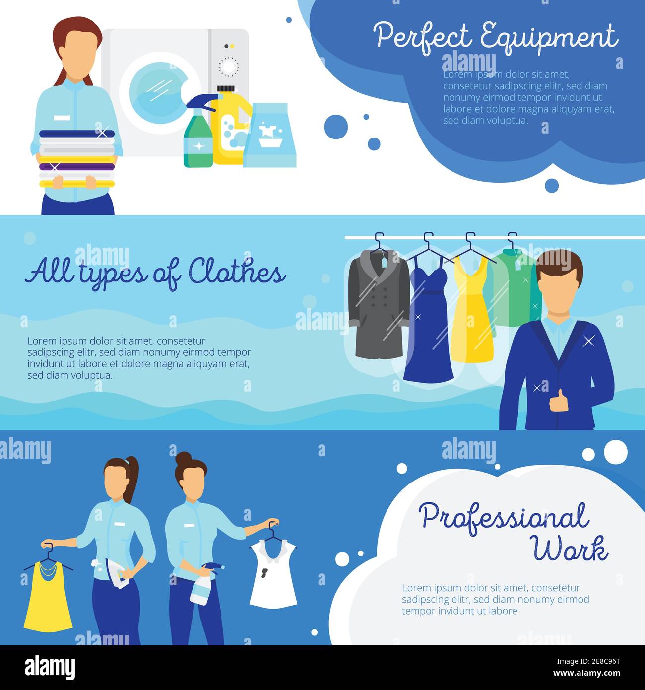 Servizio lavanderia Banner orizzontale impostato con il lavoro professionale simboli isolati piatta illustrazione vettoriale Illustrazione Vettoriale