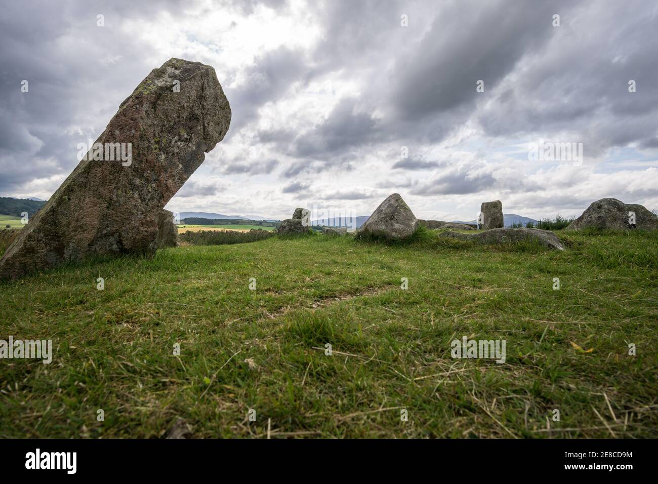 Tomnaverie Recumbent Stone Circle, un antico monumento neolitico storico dell'età del bronzo vicino a Tarland, Aberdeenshire, Scozia Foto Stock
