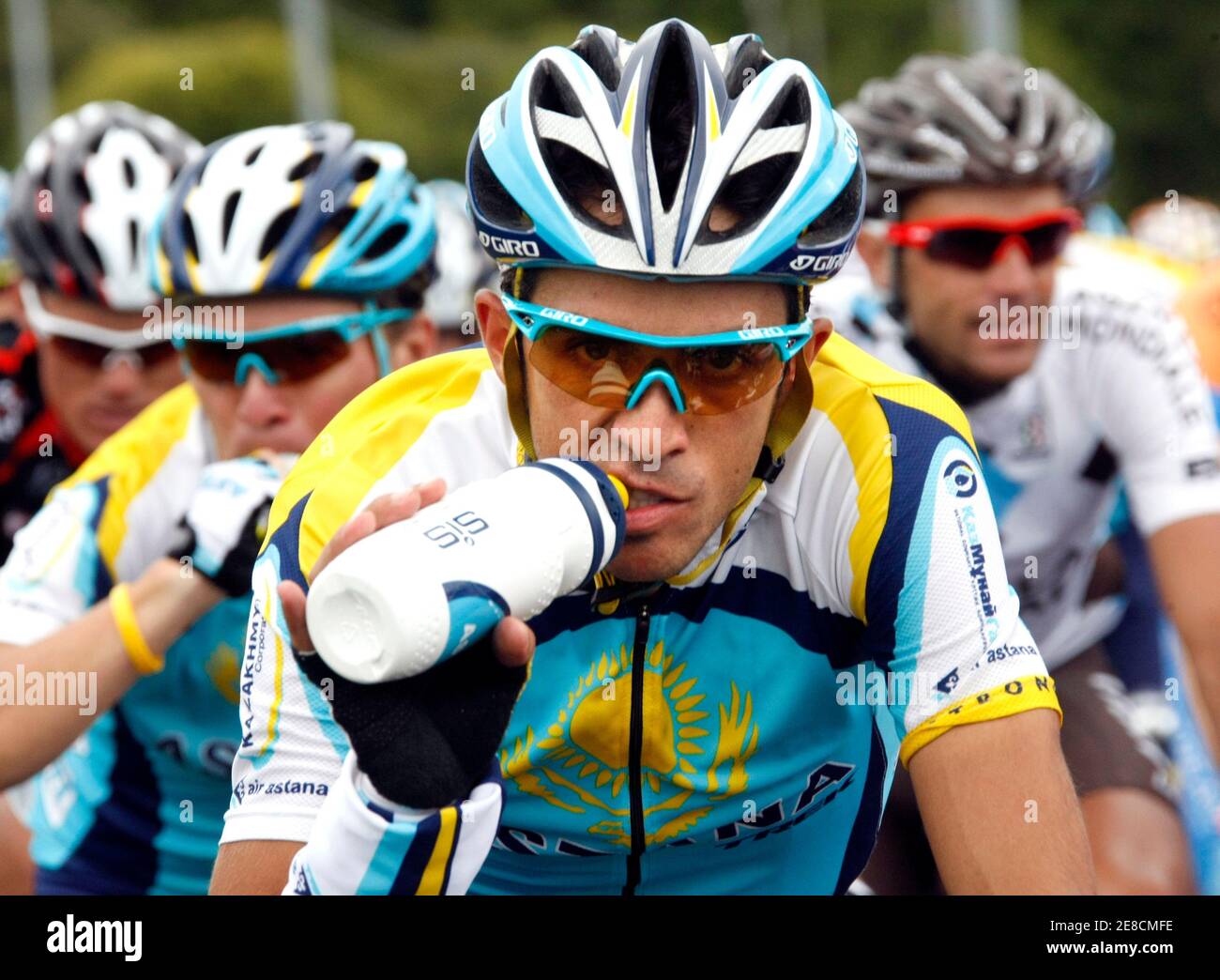 Astana rider Alberto Contador of Spain drinks as he cycles during the tenth  stage of the 96th Tour de France cycling race between Limoges and Issoudun,  July 14, 2009. Lance Armstrong warned