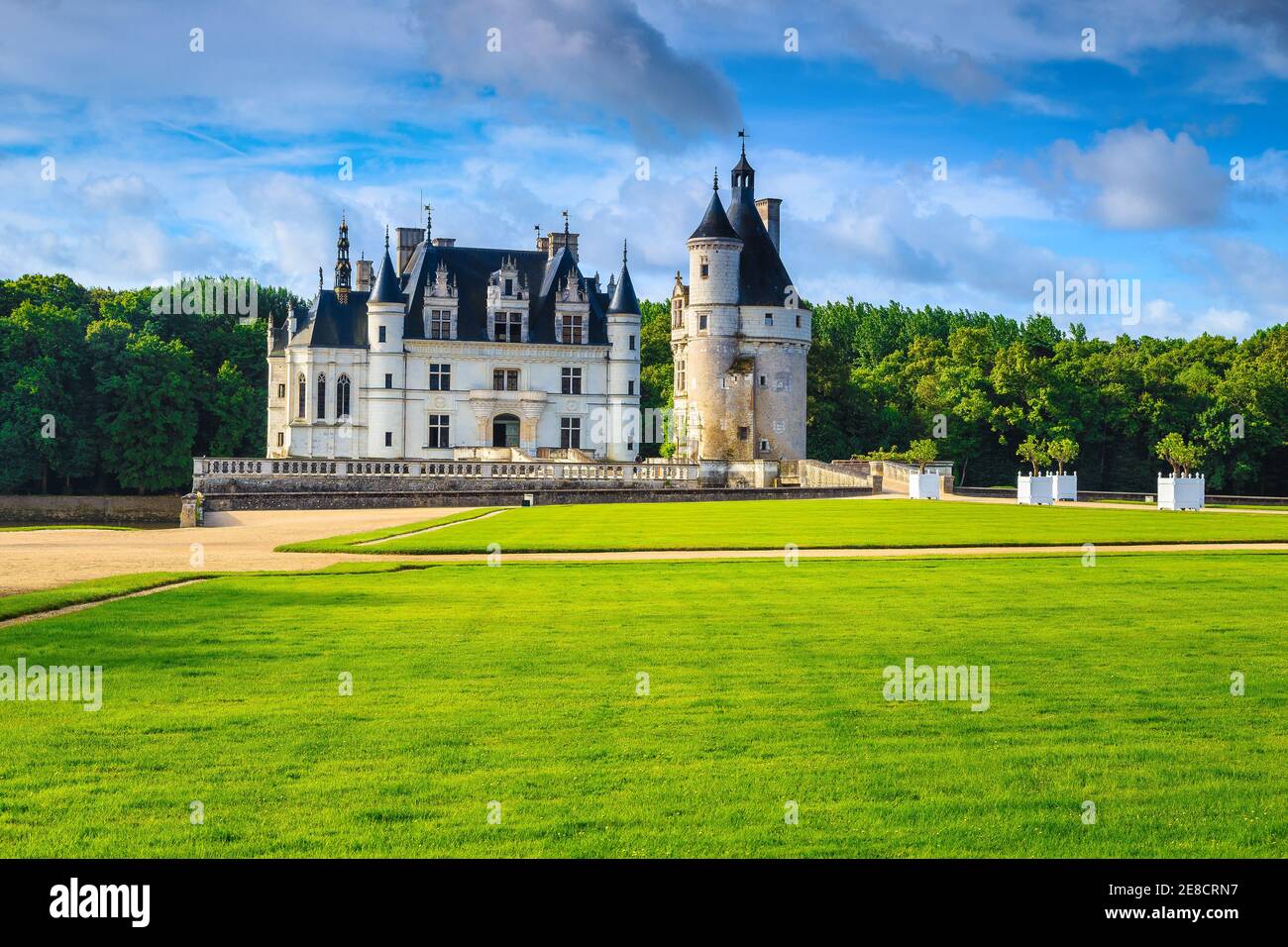 Meravigliosa prateria verde e maestoso giardino ornamentale del castello di Chenonceau, Valle della Loira, Francia, Europa Foto Stock